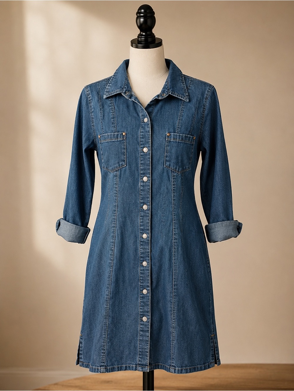 Denim Button Front Shirt Dress Stretch Size 14